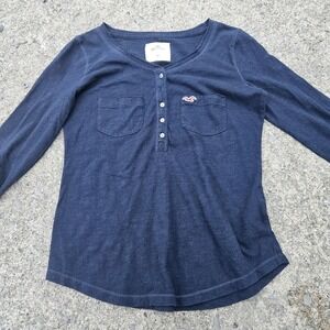 Hollister Y2K V Neck Henley Shirt Women XS Navy Blue Button Roll Tab‎ 3/4 Sleeve